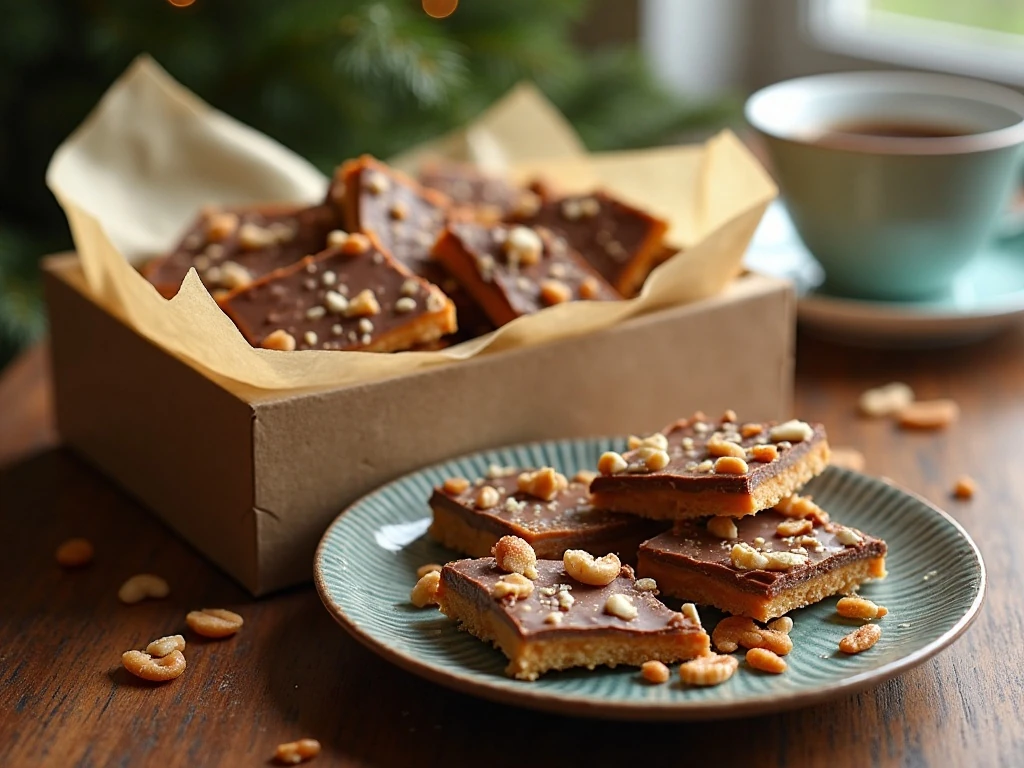 Gift-ready pieces of homemade butter brickle bark in a parchment-lined box