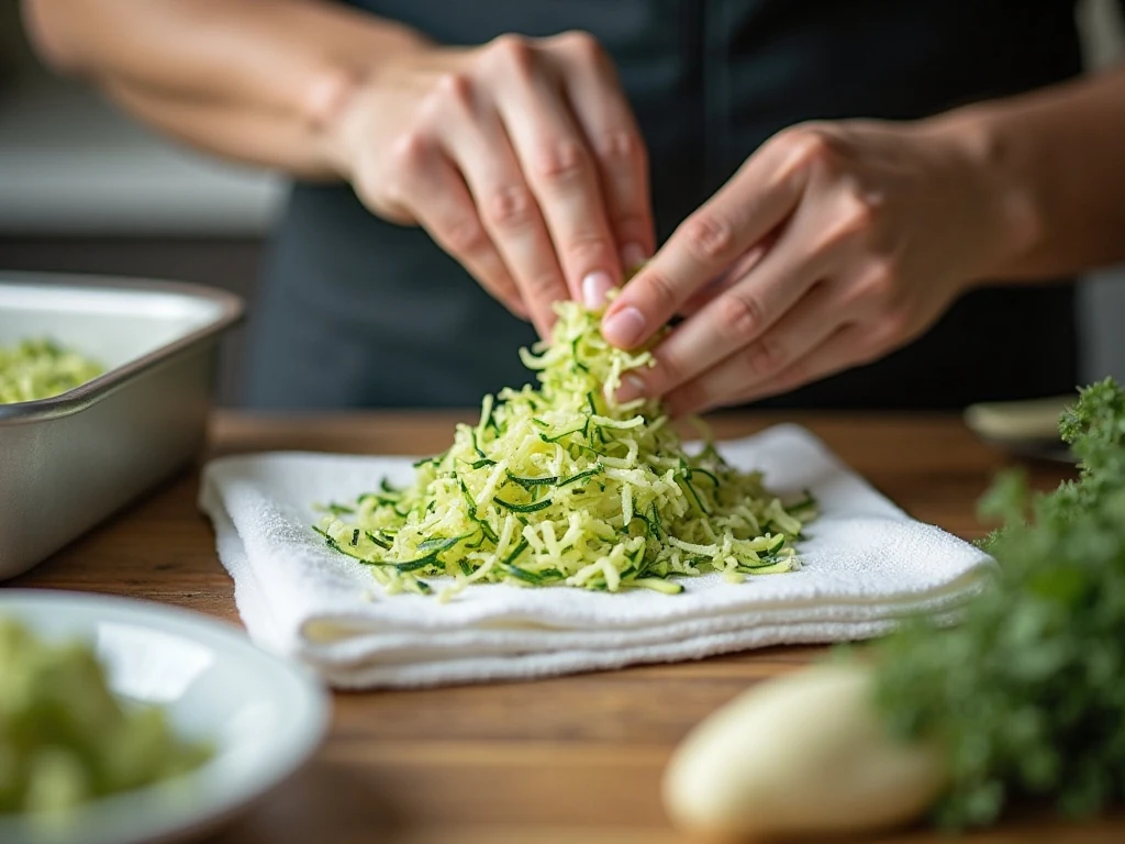 Gently removing excess liquid from grated zucchini