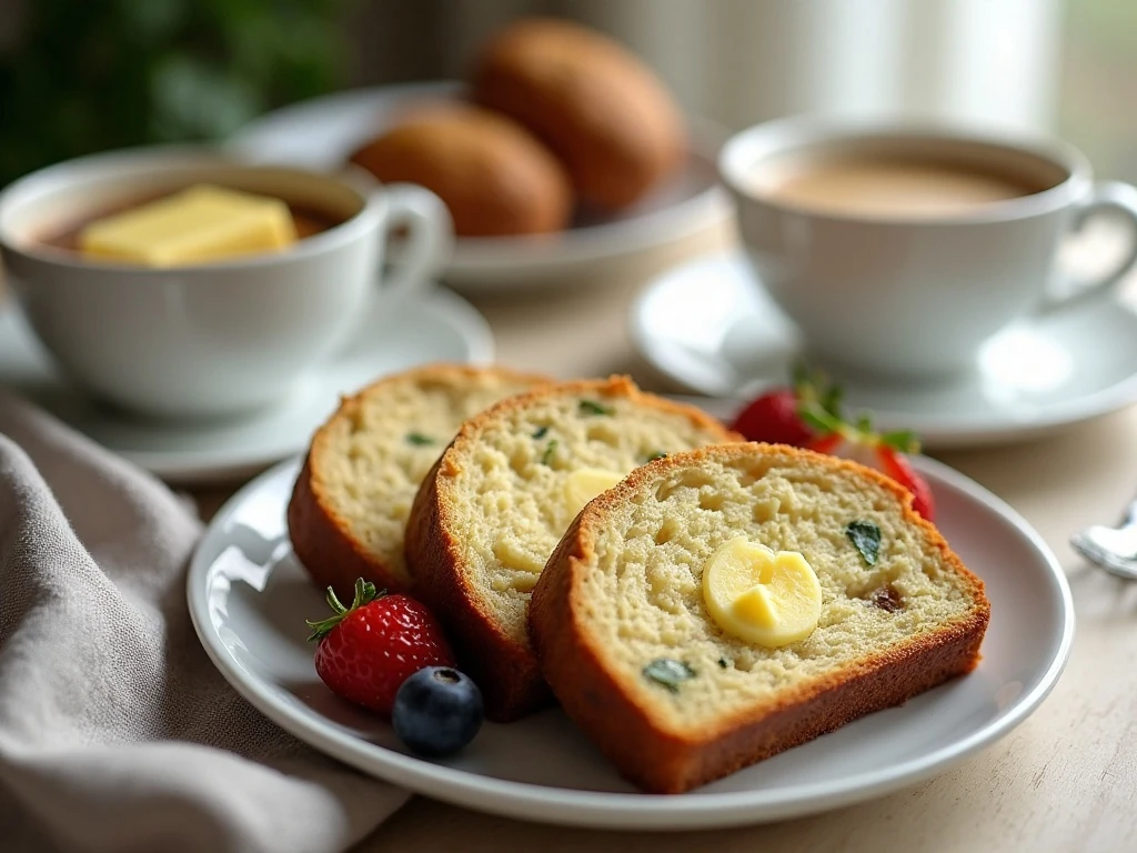 Buttery zucchini bread served for breakfast with coffee