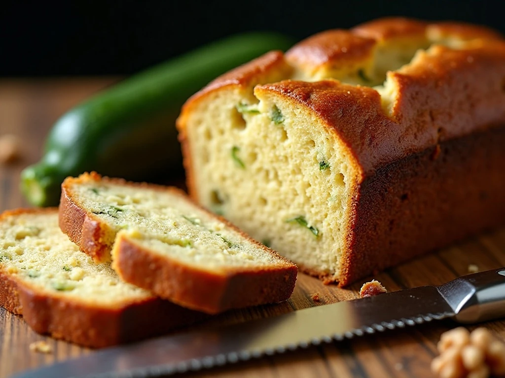 Close-up of moist zucchini bread slices and crumb