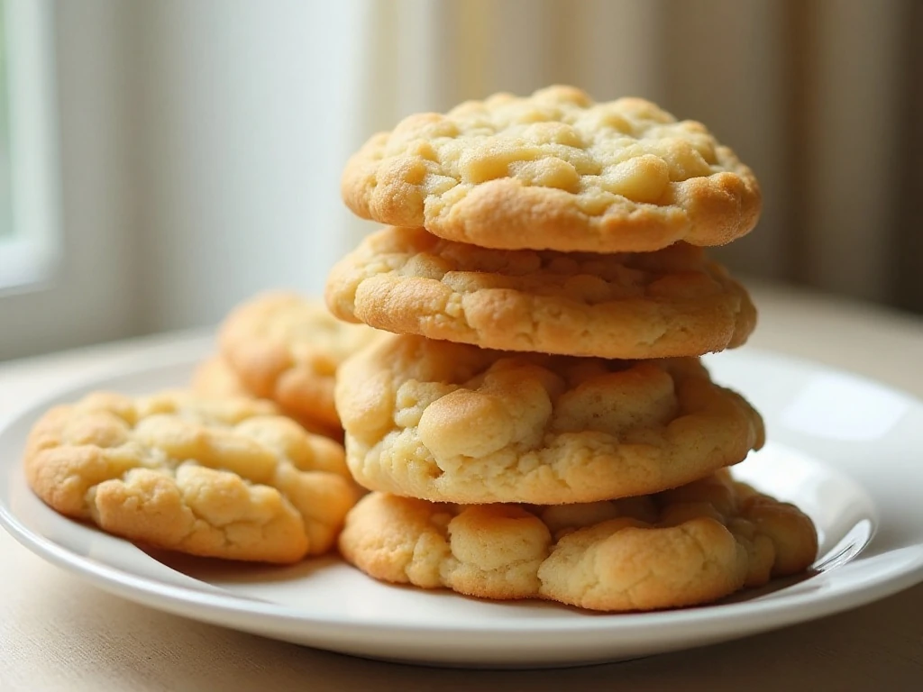Stack of soft homemade butter cookies on a white plate