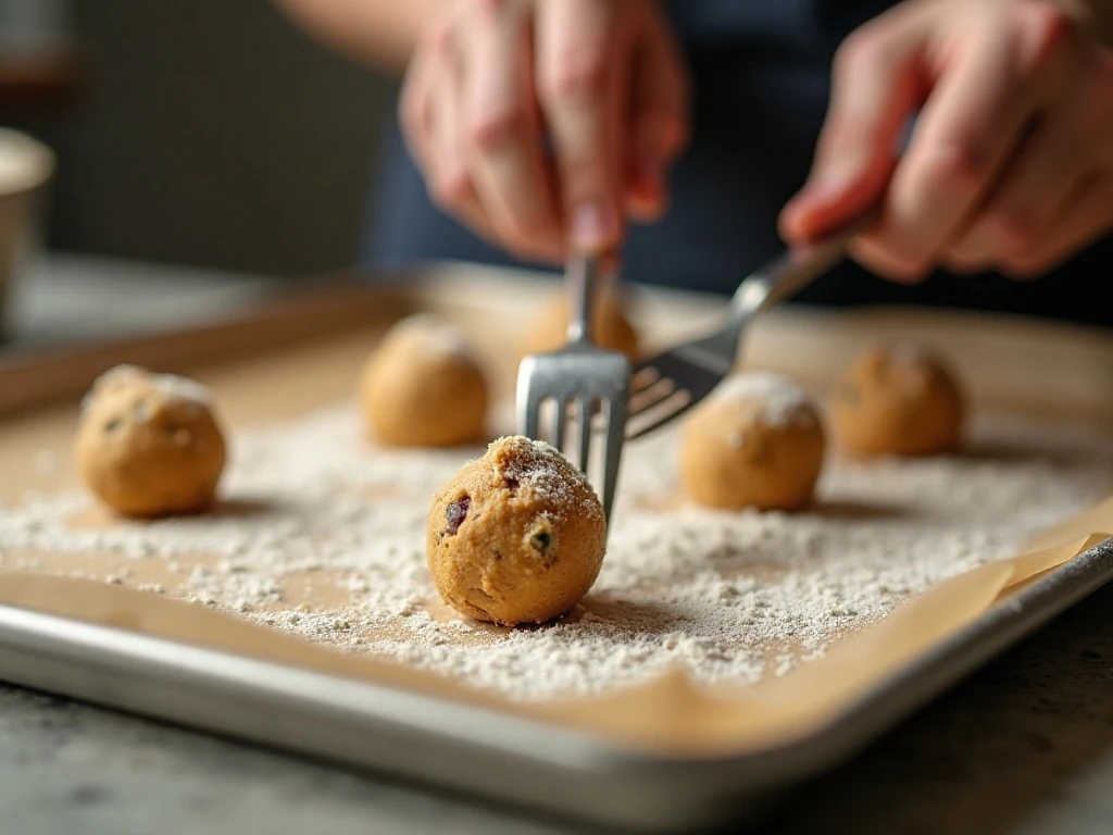 Shaped butter cookie dough balls on a parchment-lined baking sheet