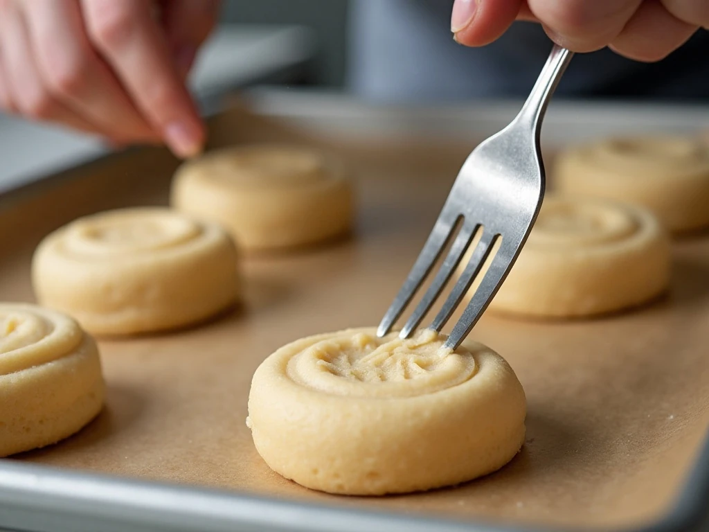 Shaping butter cookie dough with a fork on parchment