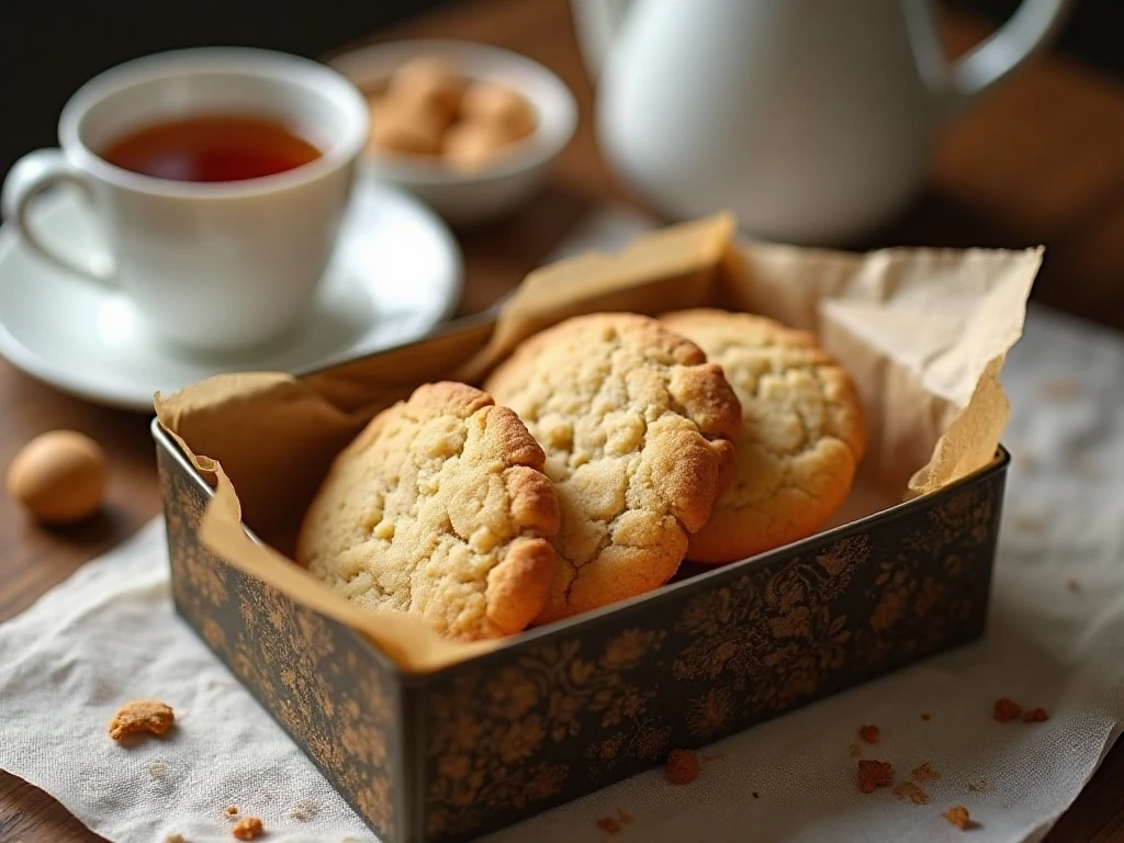 Butter cookies stored in a cookie tin beside tea