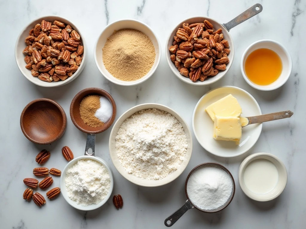 Measured ingredients for homemade butter pecan cake and buttercream frosting