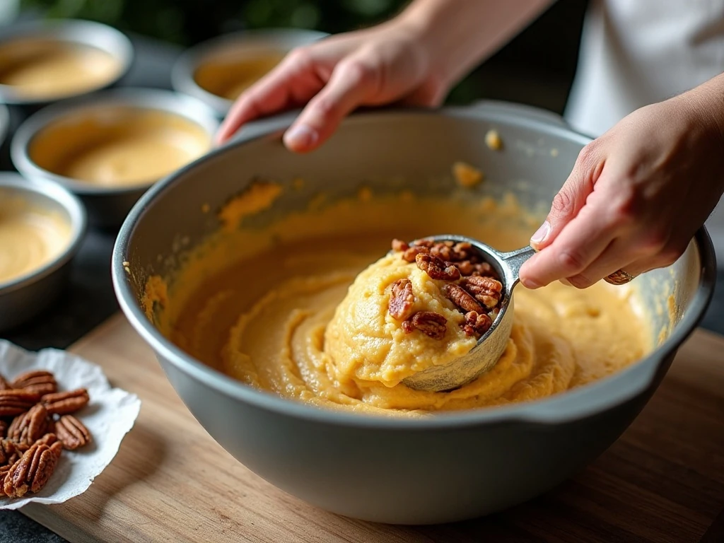 Folding toasted pecans into butter pecan cake batter