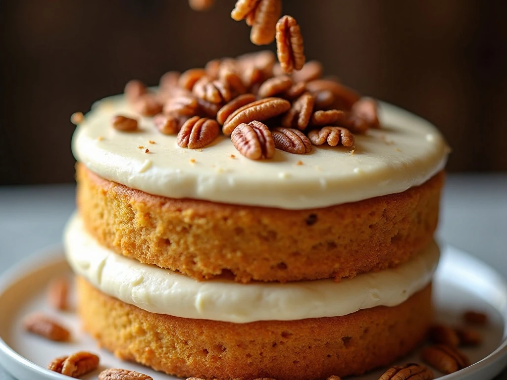 Toasted pecans decorating buttercream on a layered pecan cake