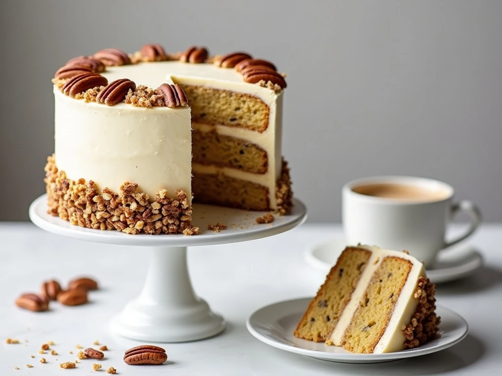 Three-layer butter pecan cake decorated with buttercream and toasted pecans