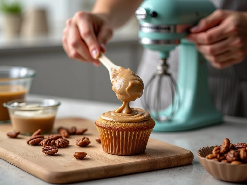Folding toasted pecans into cupcake batter