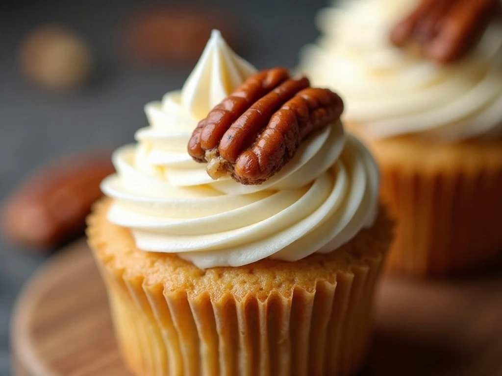 Close-up of toasted pecan garnish on buttercream cupcake