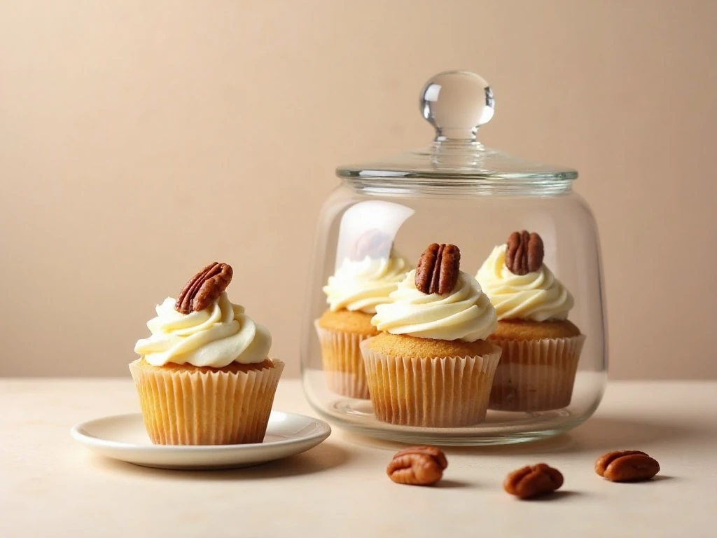 Stored butter pecan cupcakes ready to serve