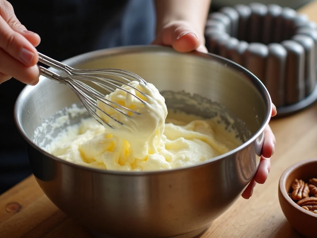 Preparing butter pecan pound cake batter
