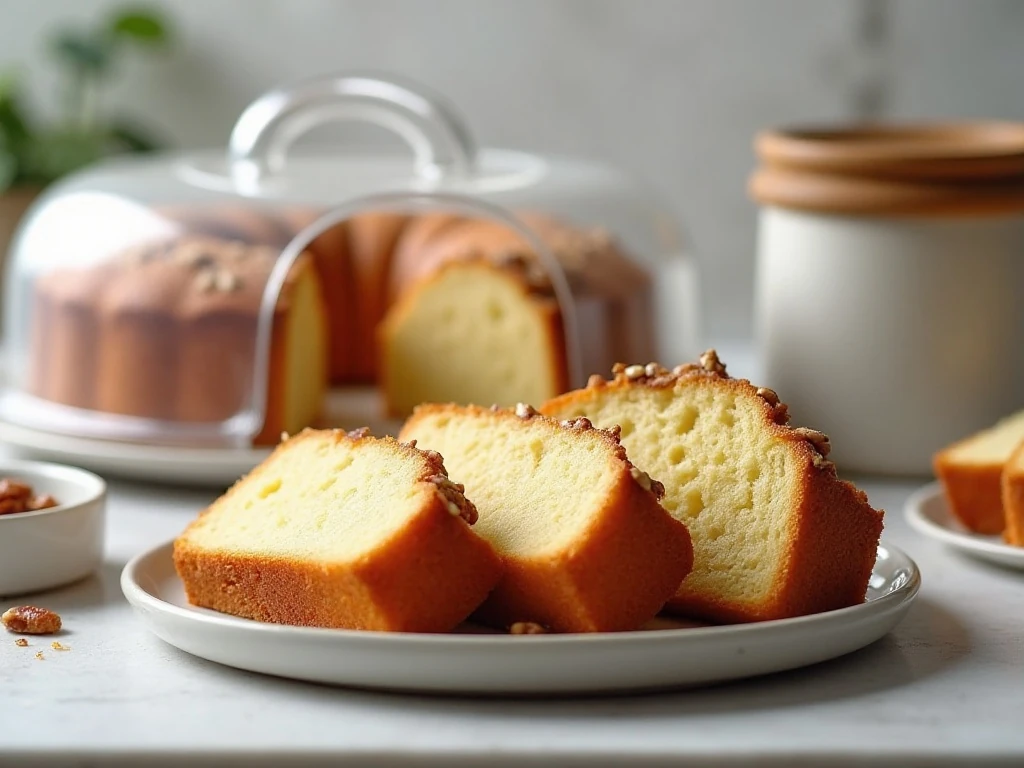 Stored slices of homemade butter pecan pound cake