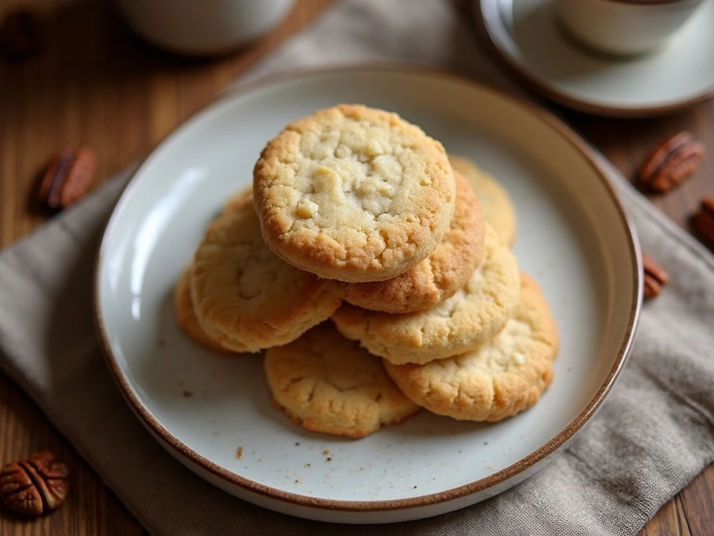 Stack of homemade butter pecan shortbread cookies served with coffee