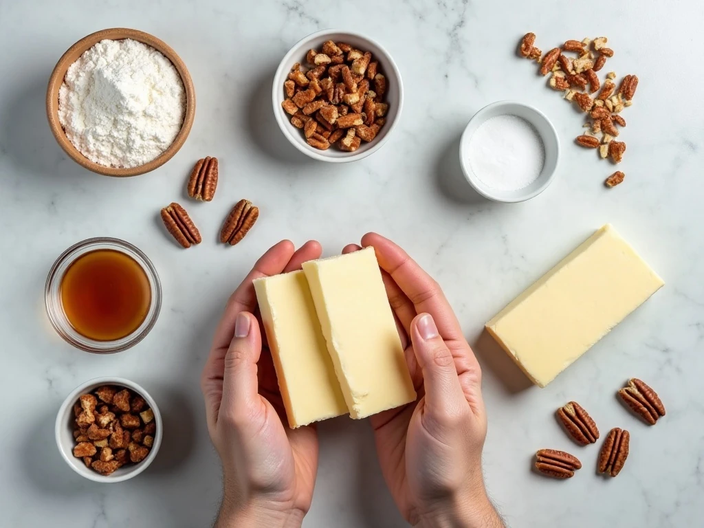 Ingredients for butter pecan shortbread cookies arranged on a counter