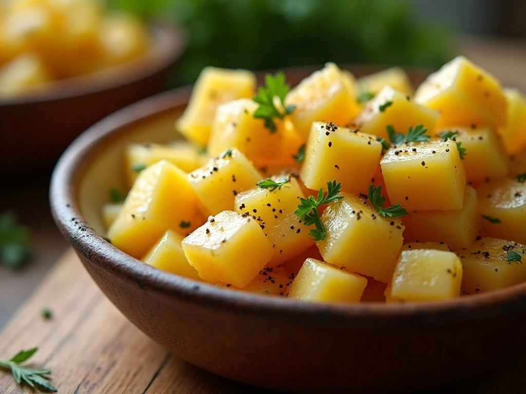Rustic bowl of buttered rutabagas with parsley