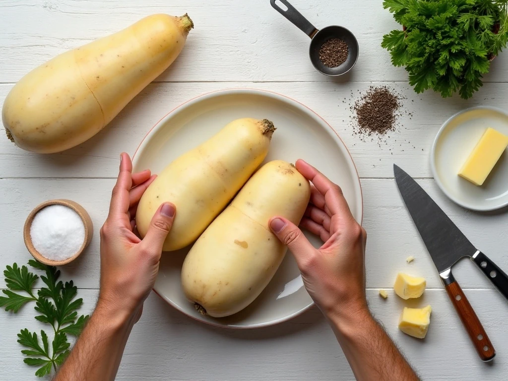 Ingredients for buttered rutabagas arranged on a counter