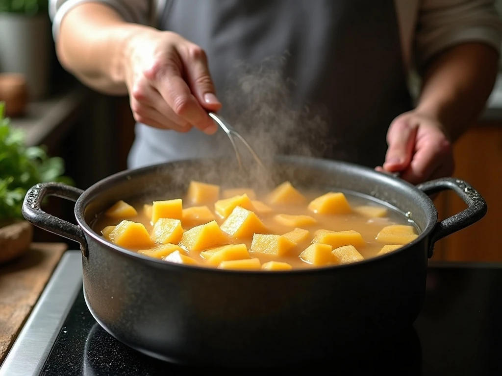 Rutabaga cubes simmering in a pot of water