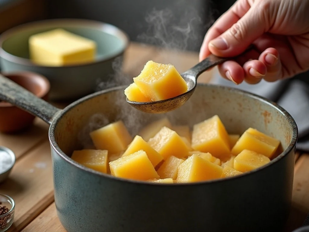 Tender rutabaga being prepared with butter and seasoning