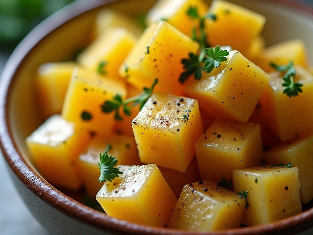 Close-up of buttered rutabagas garnished with parsley