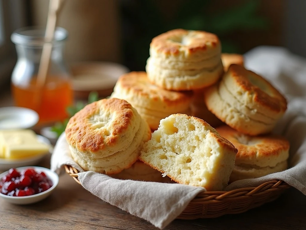 Flaky homemade buttermilk biscuits served warm with butter and jam