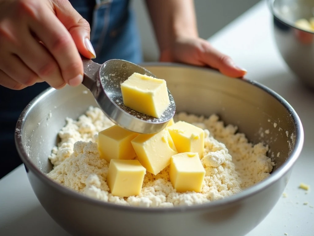Cutting cold butter into flour for flaky biscuits