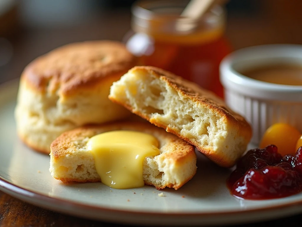 Warm buttermilk biscuit with butter, honey, jam, and gravy