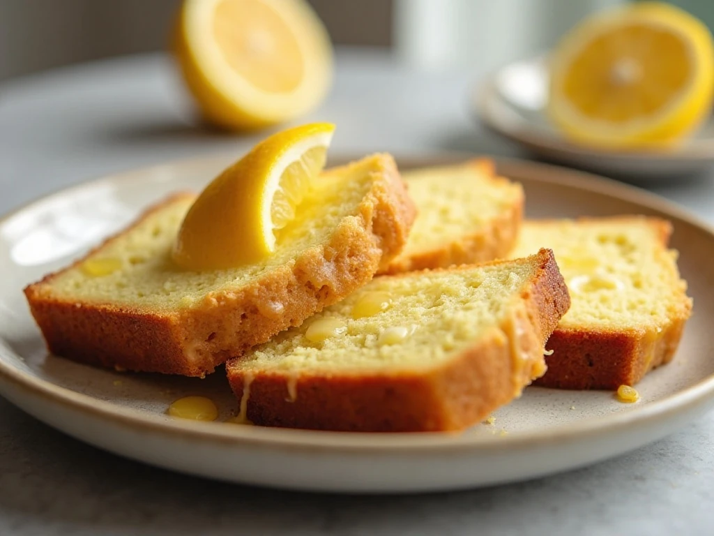 Sliced homemade buttermilk lemon bread with lemon glaze