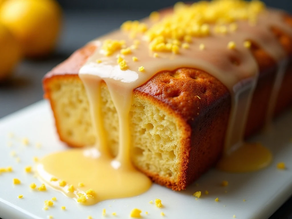 Lemon glaze drizzled over homemade lemon loaf