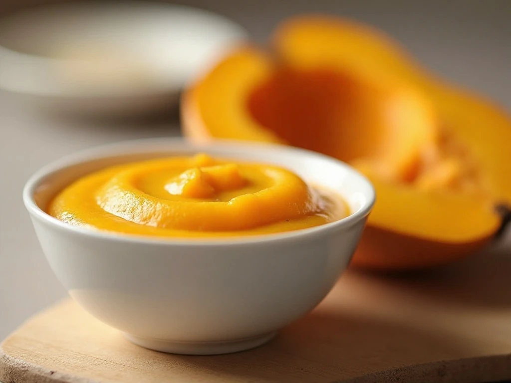 Smooth homemade butternut squash baby food in a small bowl