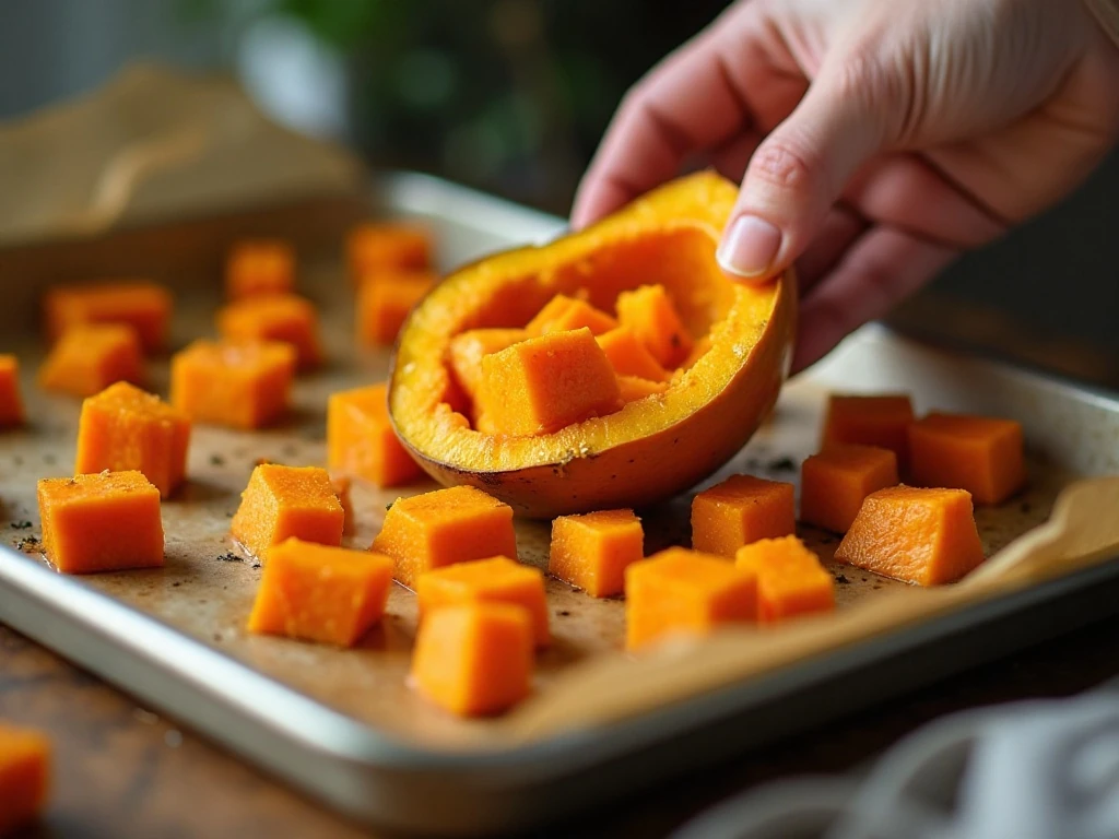 Scooping tender roasted butternut squash from its skin