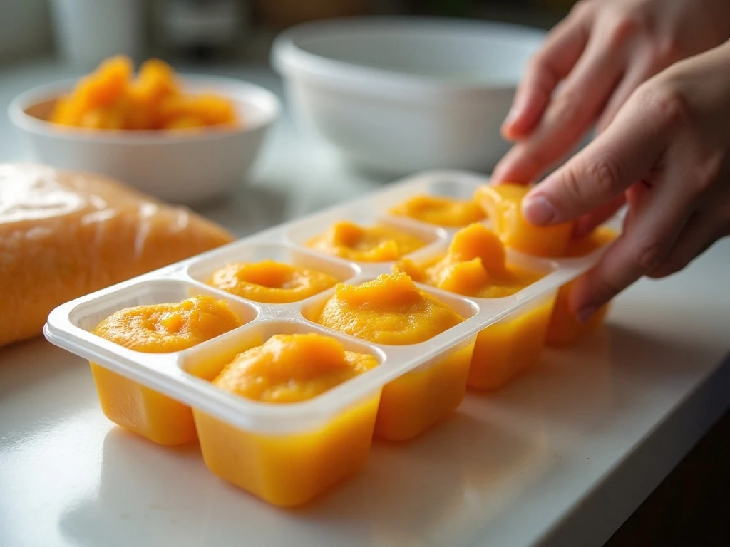 Butternut squash baby food portioned in an ice-cube tray for freezing
