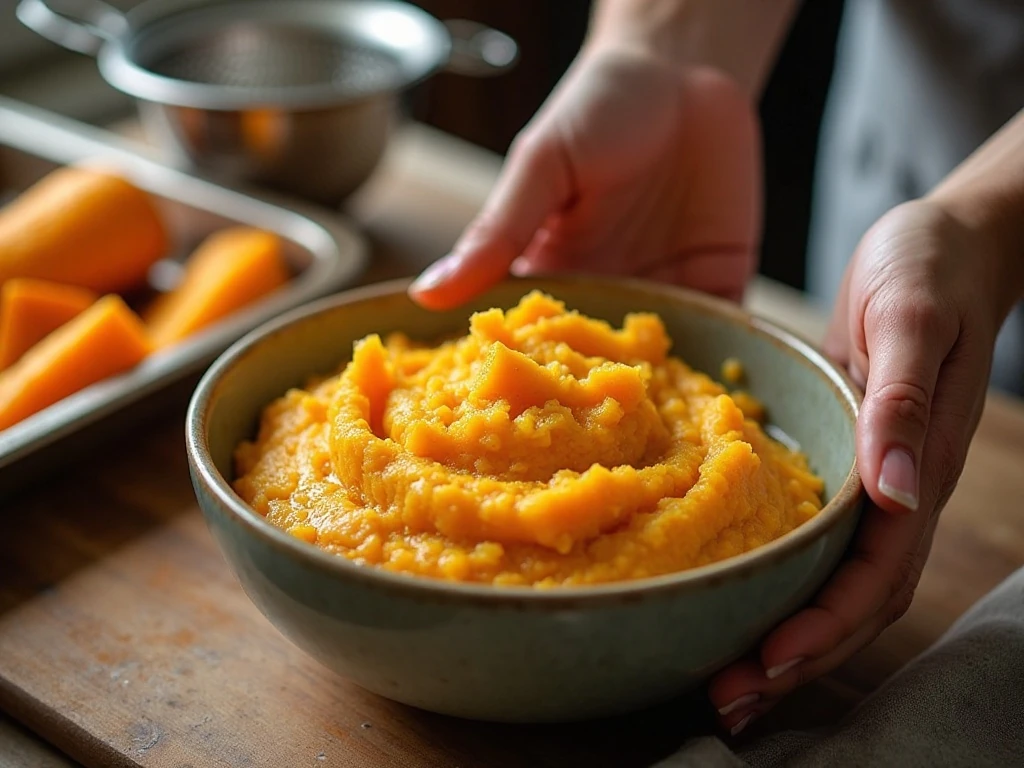 Cooked butternut squash being mashed and drained for cookie dough