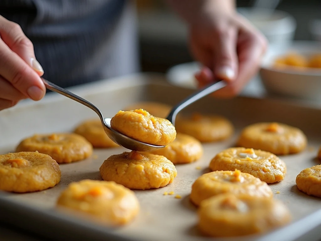 Butternut squash cookie dough scooped onto a parchment-lined baking sheet