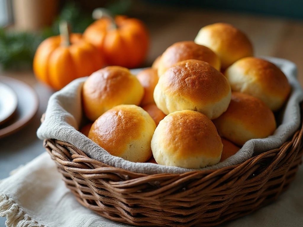 Basket of soft golden butternut squash dinner rolls