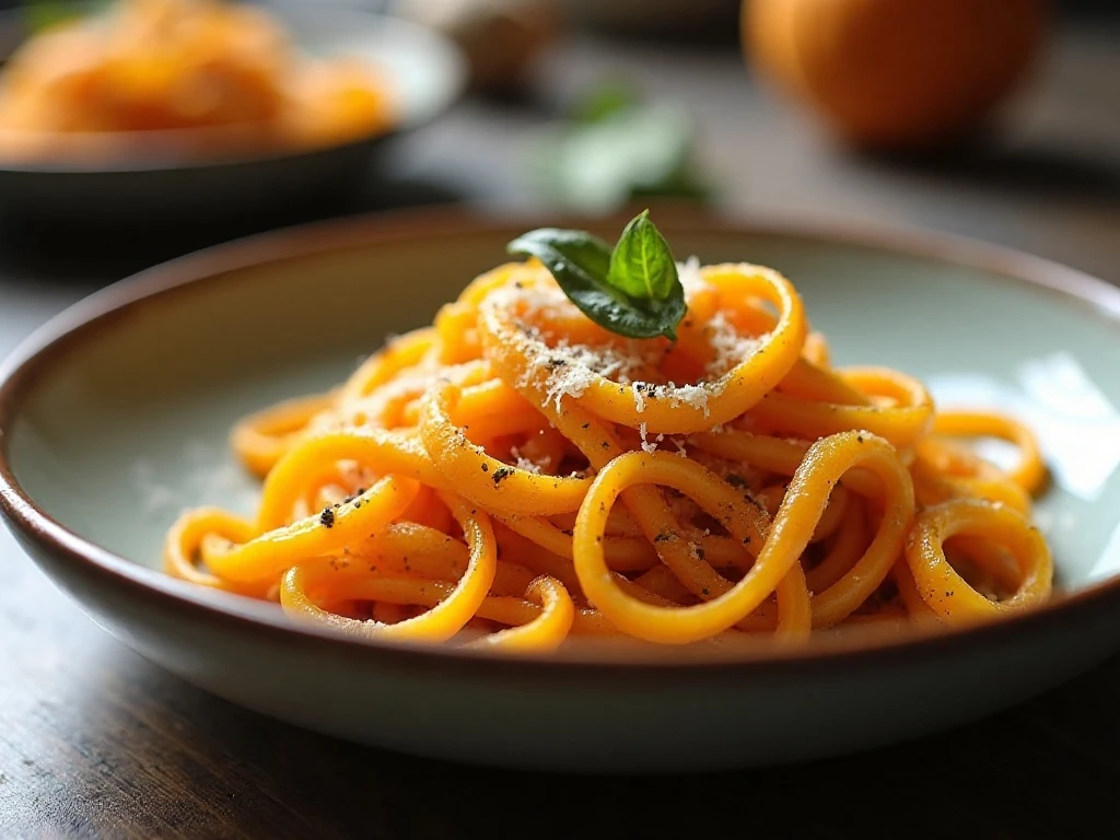 Bowl of healthy butternut squash noodles with Parmesan and sage