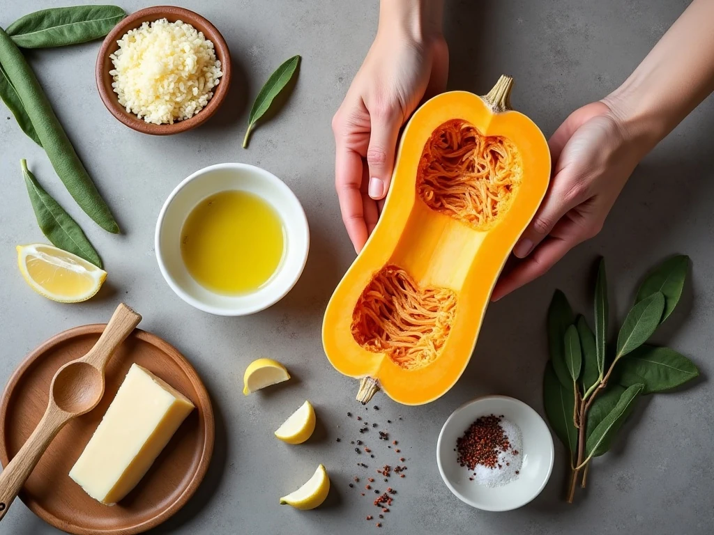 Ingredients for butternut squash noodles arranged on a kitchen counter