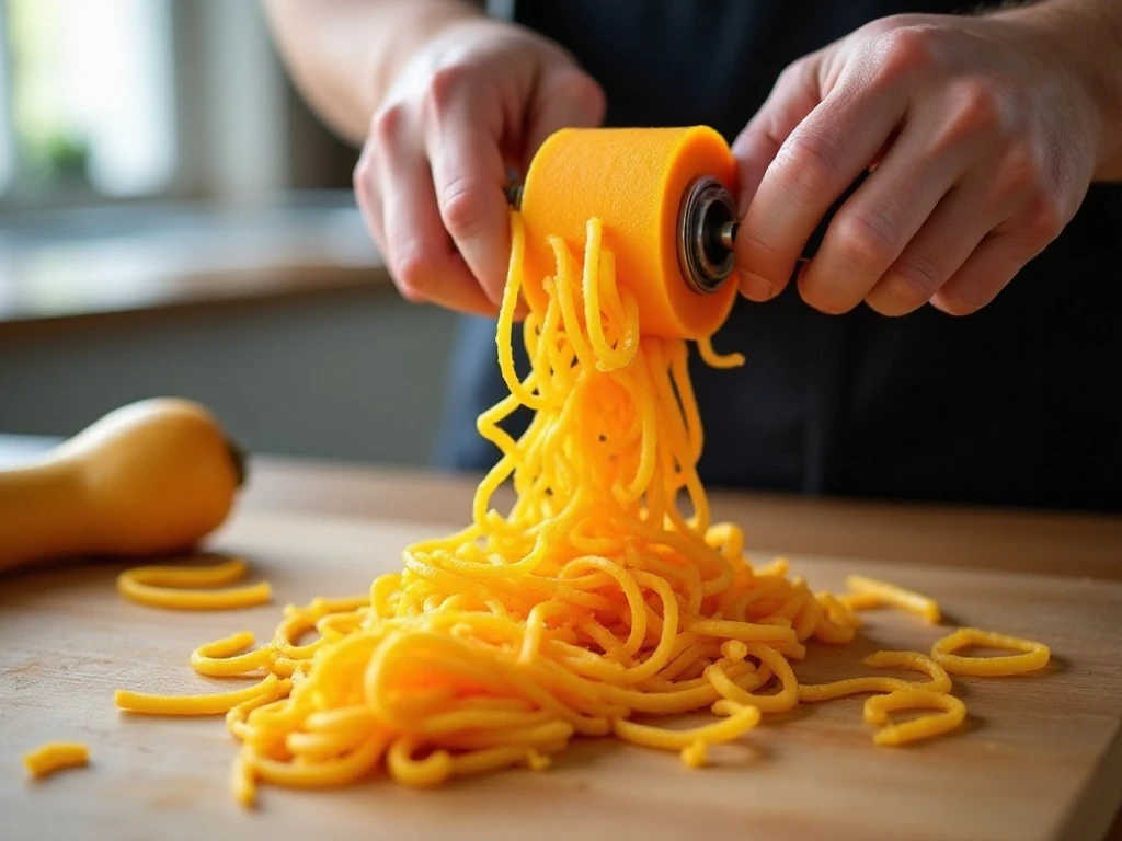 Spiralizing the firm neck of a butternut squash into noodles