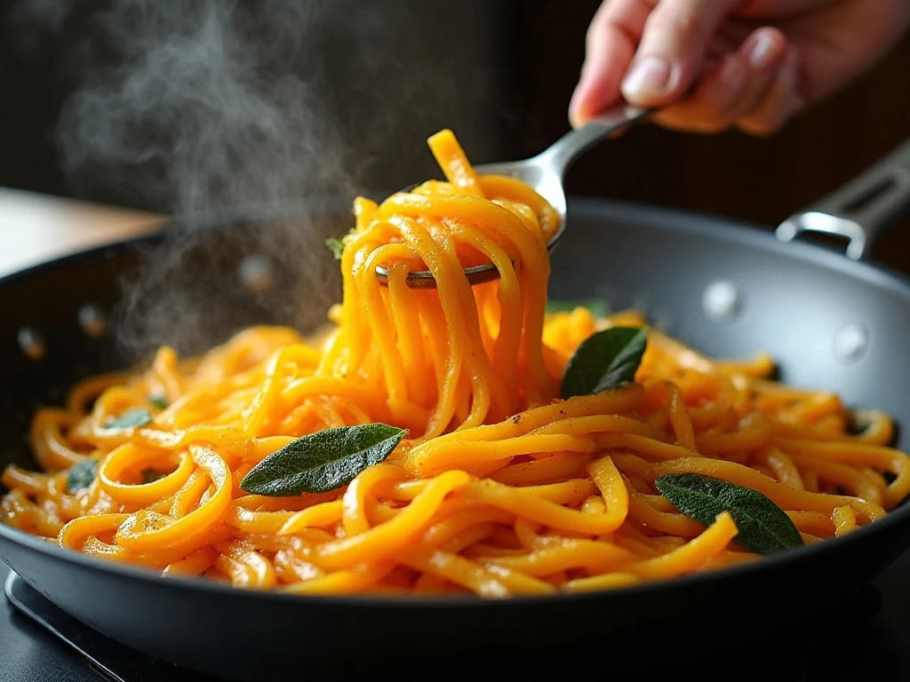Butternut squash noodles cooking with garlic and sage in a skillet