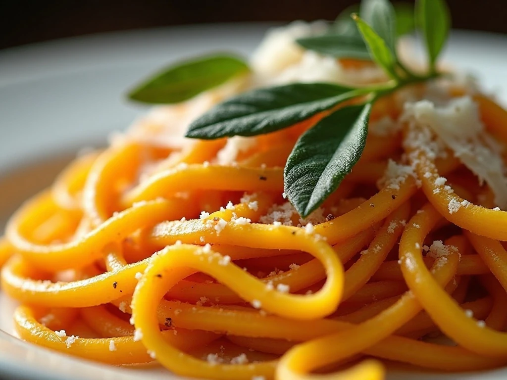 Close-up of Parmesan-topped butternut squash noodles with fresh sage