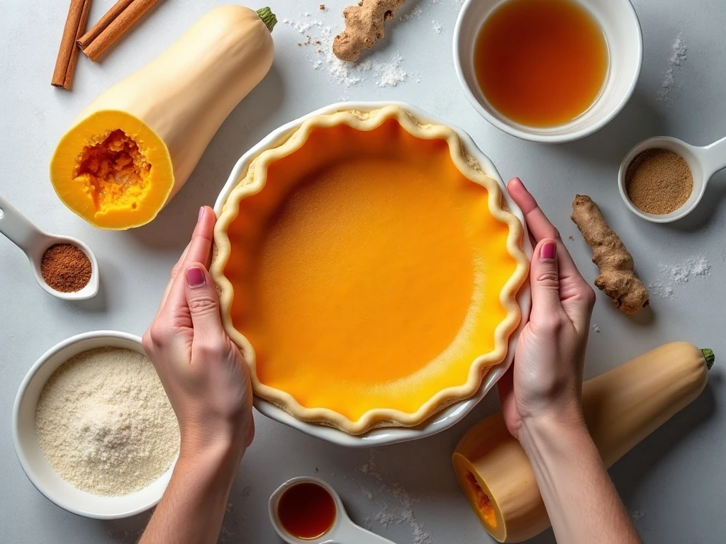 Ingredients for an easy butternut squash pie arranged on a kitchen counter