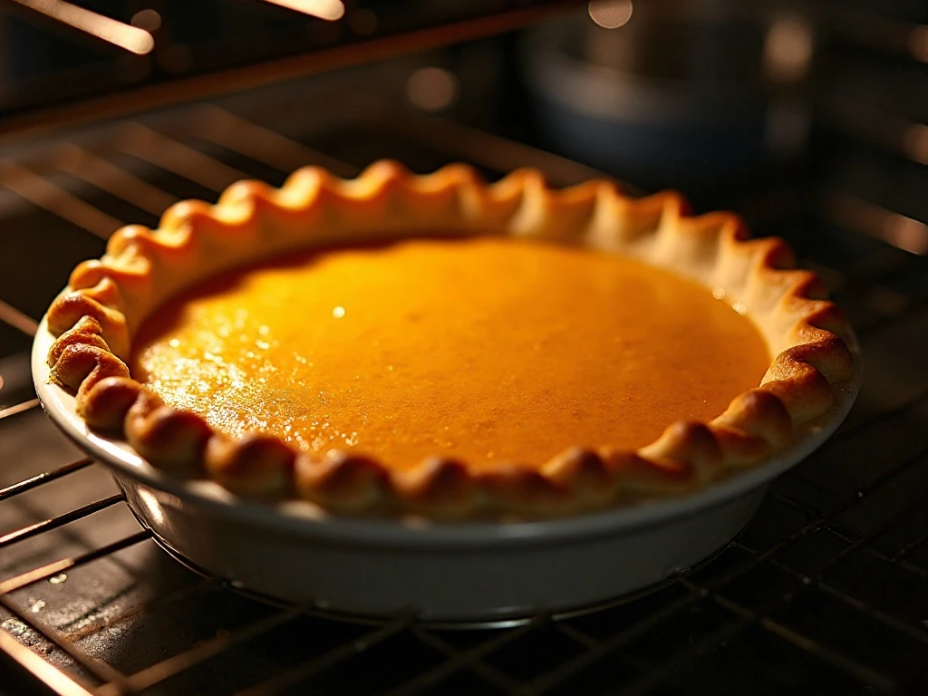 Butternut squash pie baking with the crust edge protected