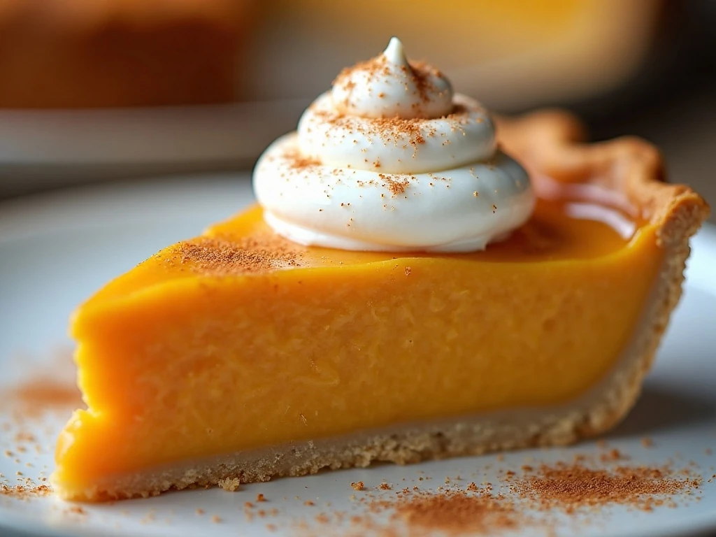 Close-up slice of butternut squash pie with whipped cream and cinnamon