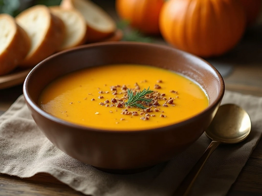 Warm bowl of creamy butternut squash soup served with crusty bread