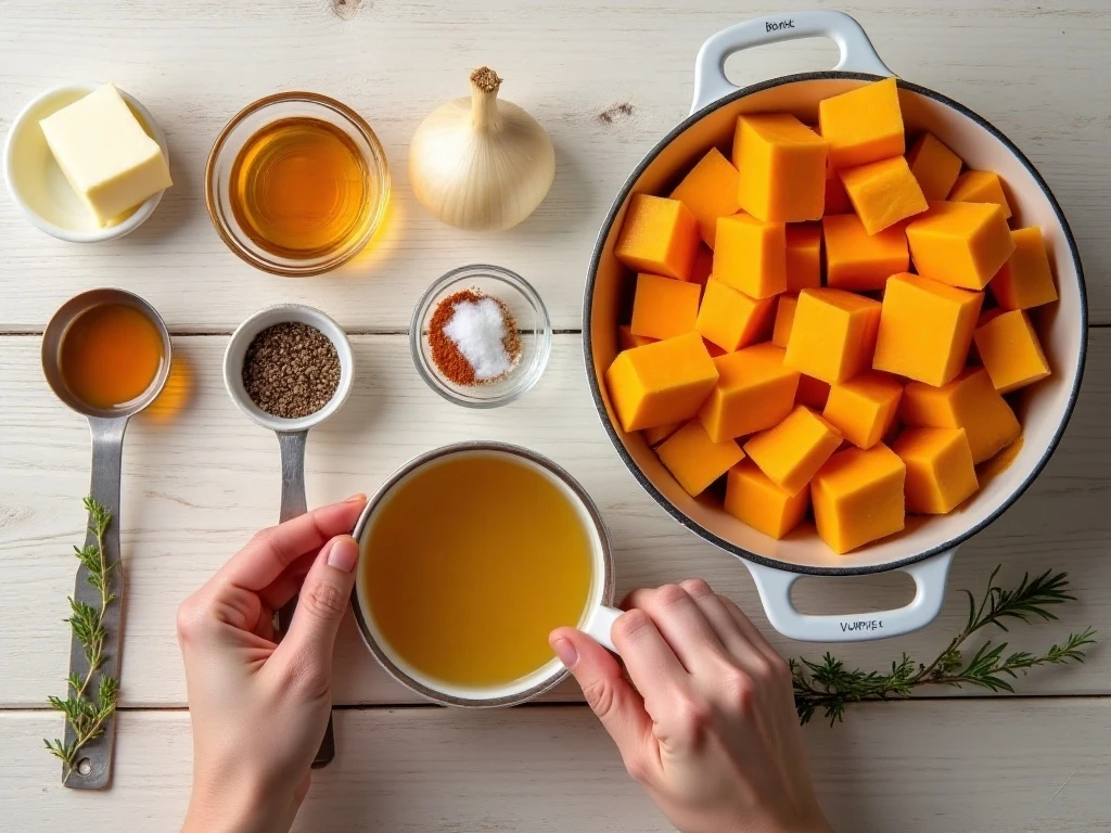 Ingredients for creamy butternut squash soup arranged for cooking