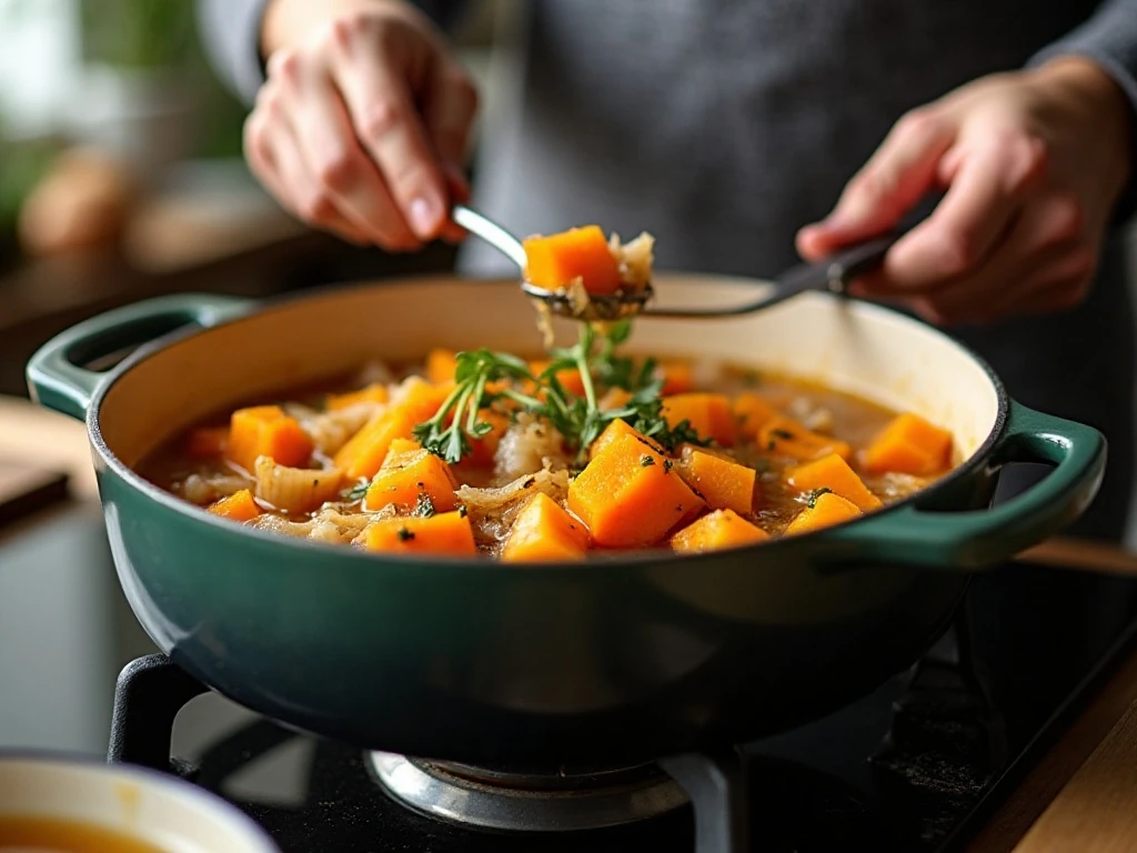 Butternut squash soup simmering in a Dutch oven