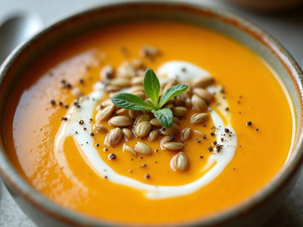 Creamy butternut squash soup finished with pumpkin seeds and thyme