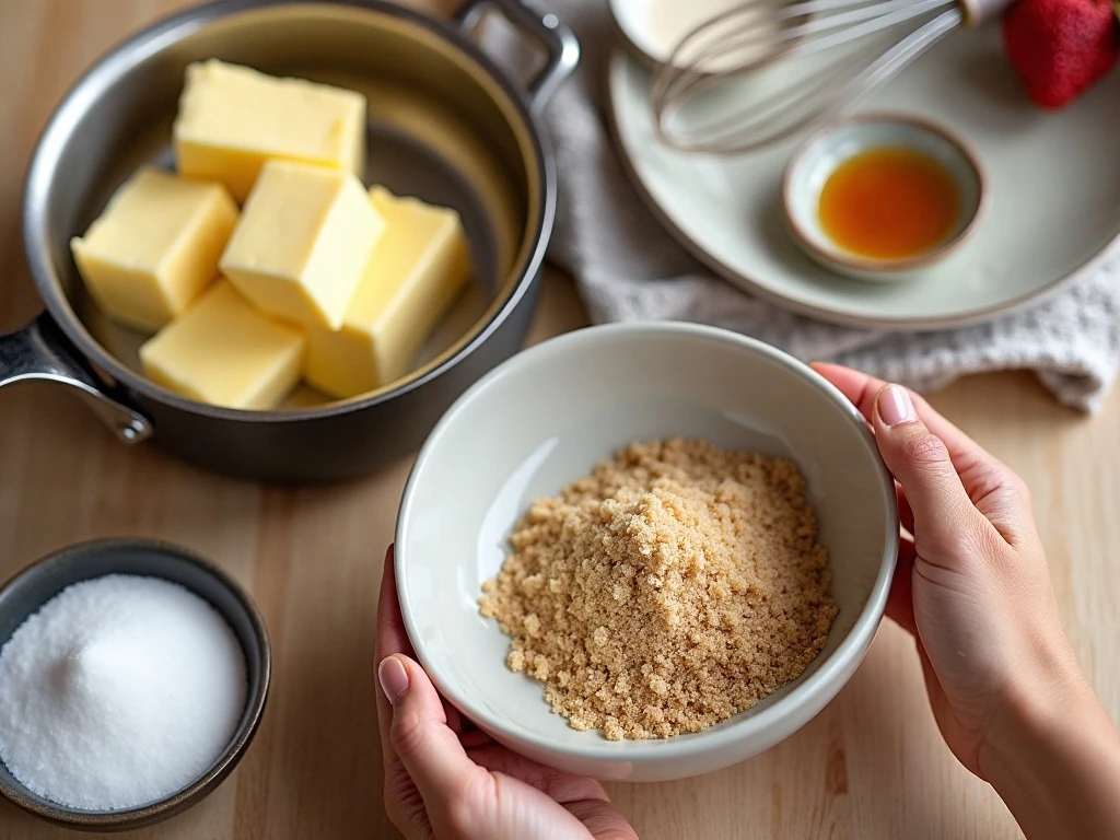 Ingredients for homemade creamy butterscotch sauce arranged with a saucepan
