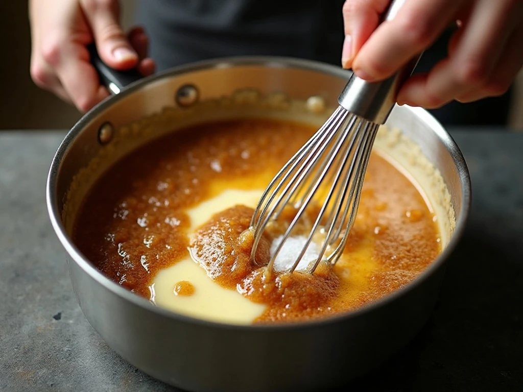 Butterscotch sauce gently simmering in a saucepan