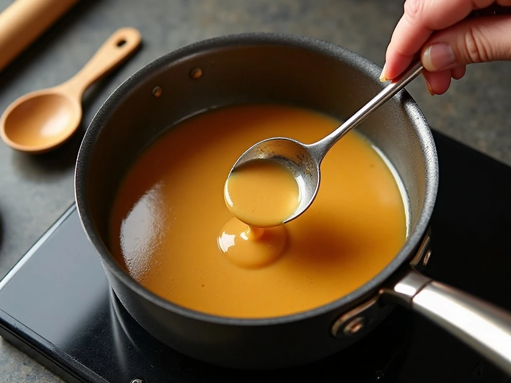 Smooth glossy butterscotch sauce cooking gently in a heavy saucepan